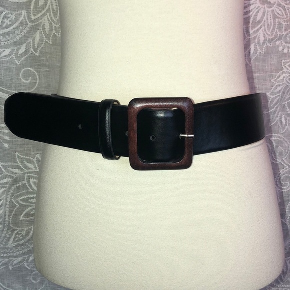 Talbots Black Leather Belt w/Wooden Buckle S - Picture 1 of 6